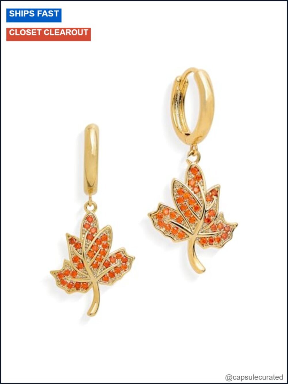 Gold Hoop Earrings with CZ Rhinestones Fall Maple Leaf Dangle Drop Earrings